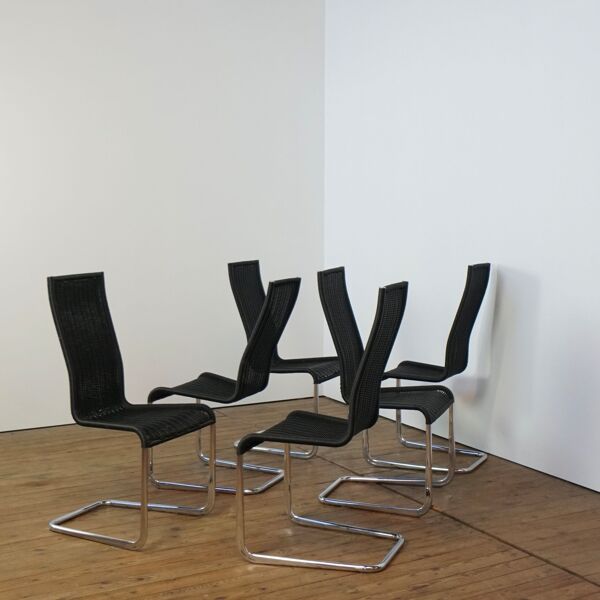 Ensemble de 6 chaises de salle à manger en rotin et chrome par Axel Bruchhäuser pour Tecta.