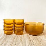 Salad bowl and bowls in amber glass, 70s