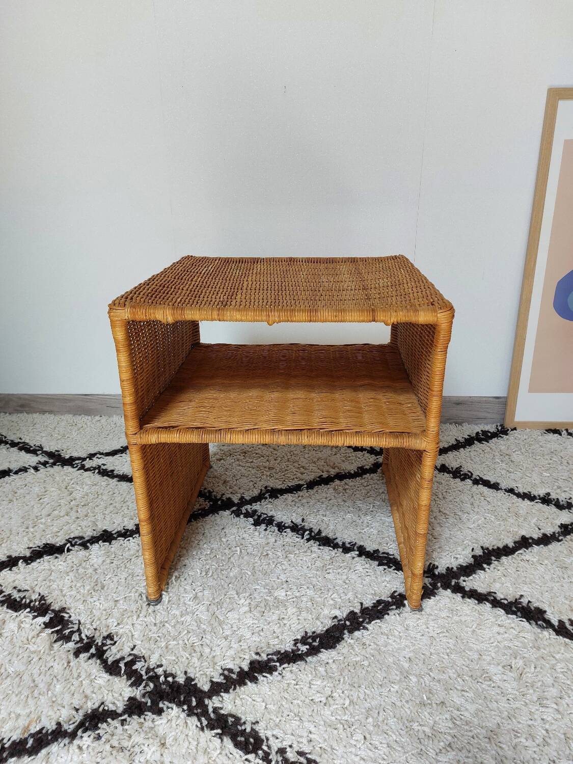 60s woven metal wicker bedside table