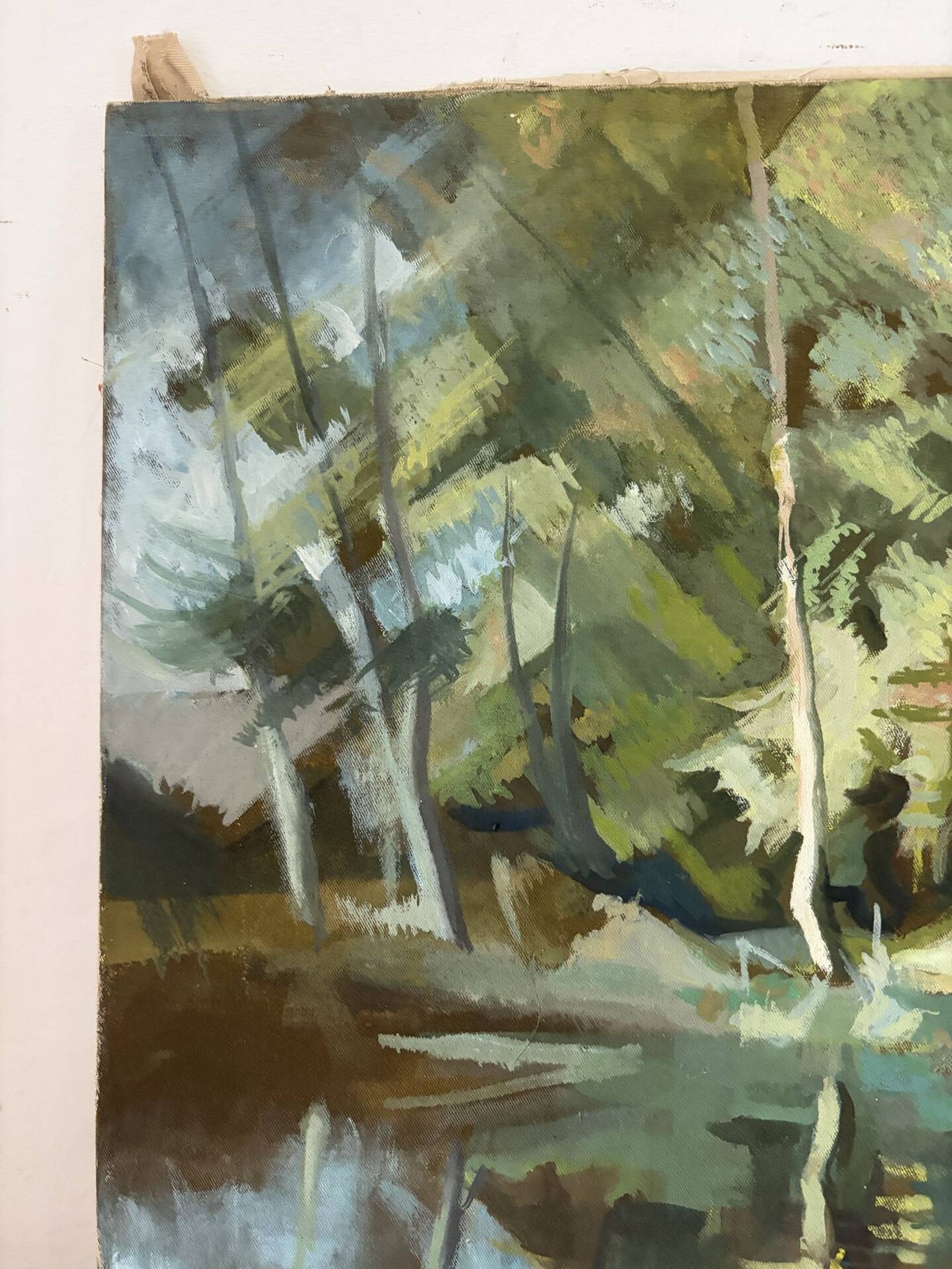 Reflections of trees on the water, oil on canvas signed