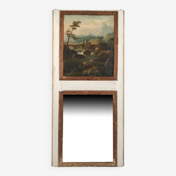 Trumeau orné d’une huile sur toile représentant un paysage animé, début XIXe