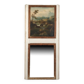 Trumeau orné d’une huile sur toile représentant un paysage animé, début XIXe