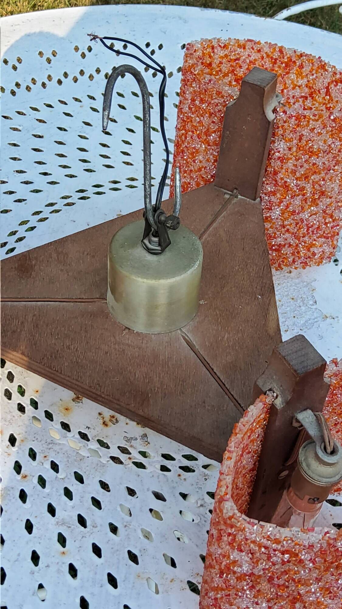 70s Scandinavian style chandelier in wood and orange granite resin 3 lights