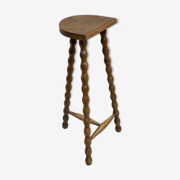 Tabouret haut en bois tripode tourné vintage