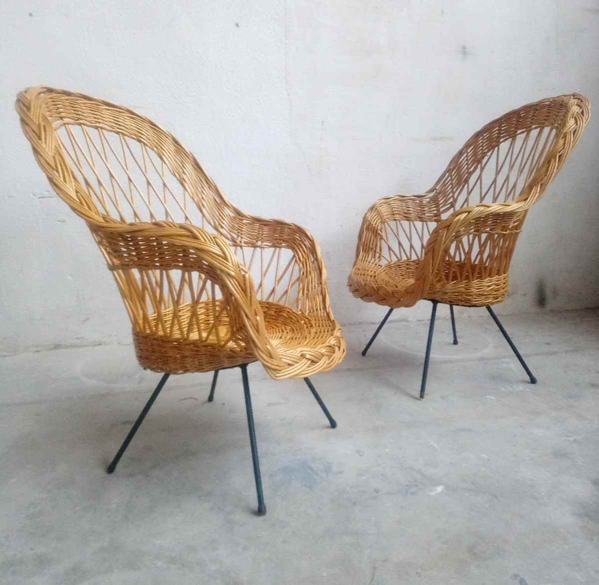 Paire de fauteuils rotin pied métal vintage