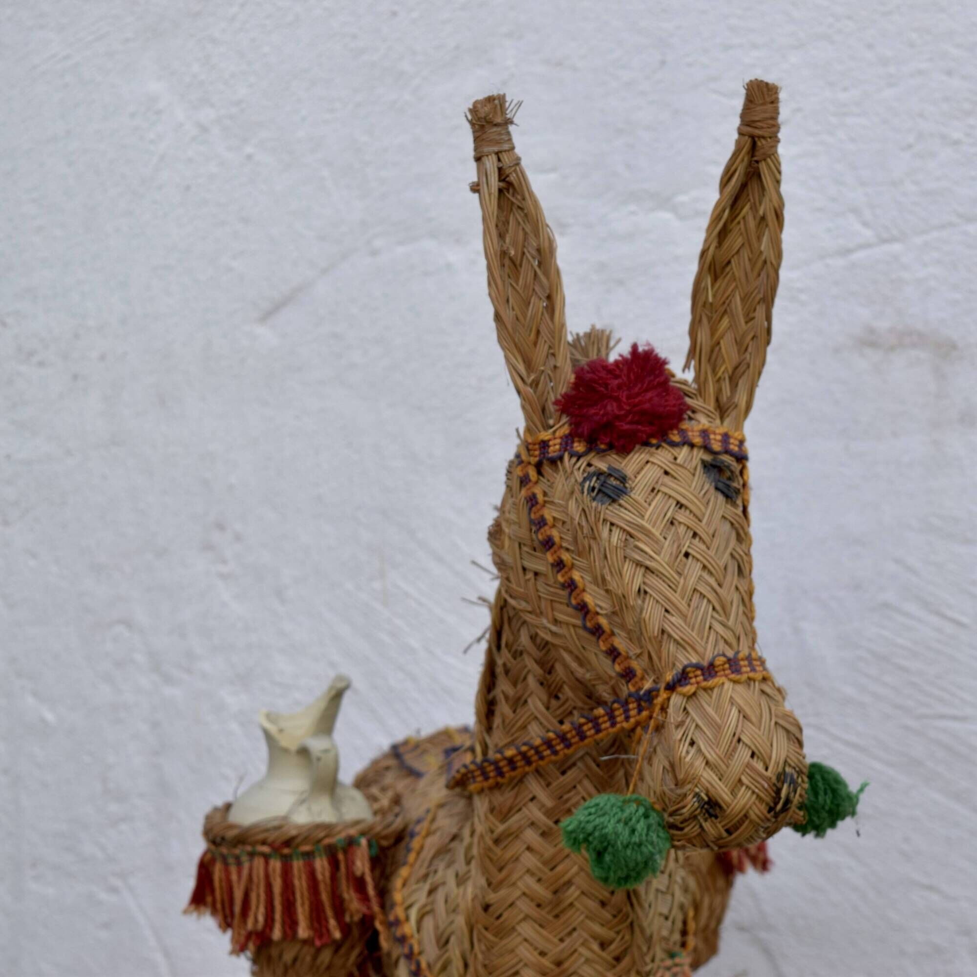 Spanish decorative donkey in raffia carrying two jars - 62 cm high - 1950