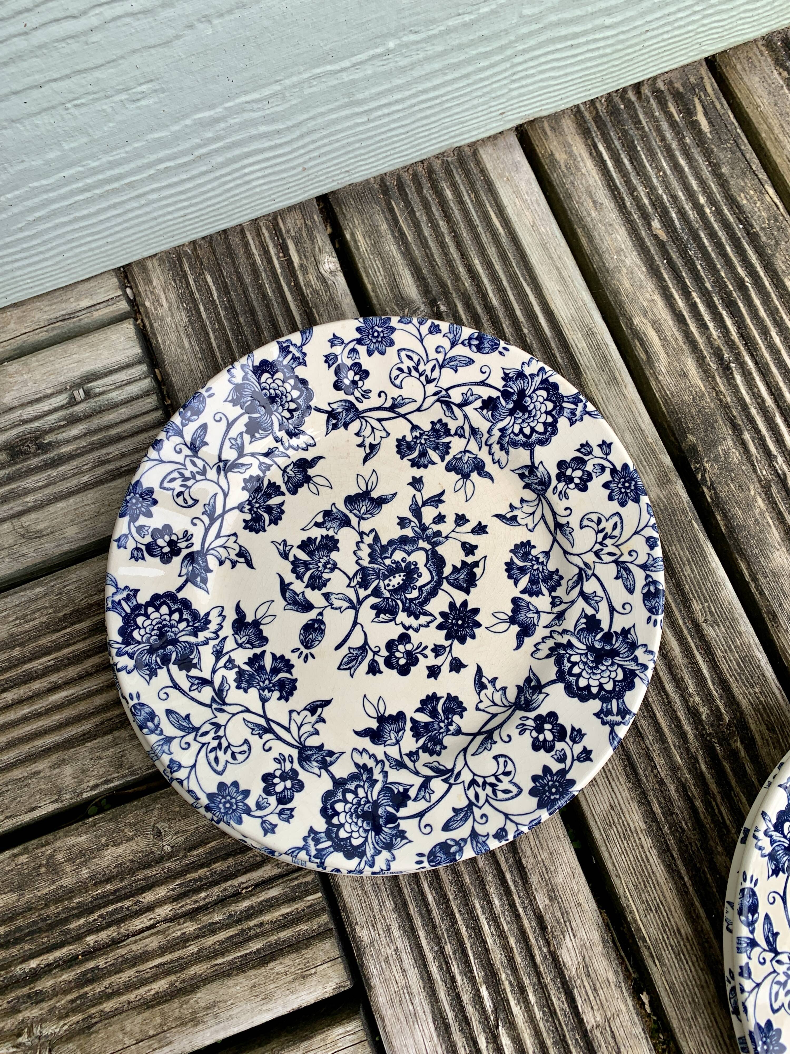 5 vintage plates with blue flowers