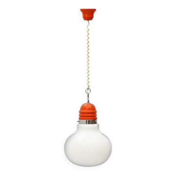 Suspended chandelier in the shape of a white glass bulb, 1970s.