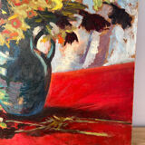 Bouquet of flowers on a red tablecloth, knife on a board, signed Renzo.