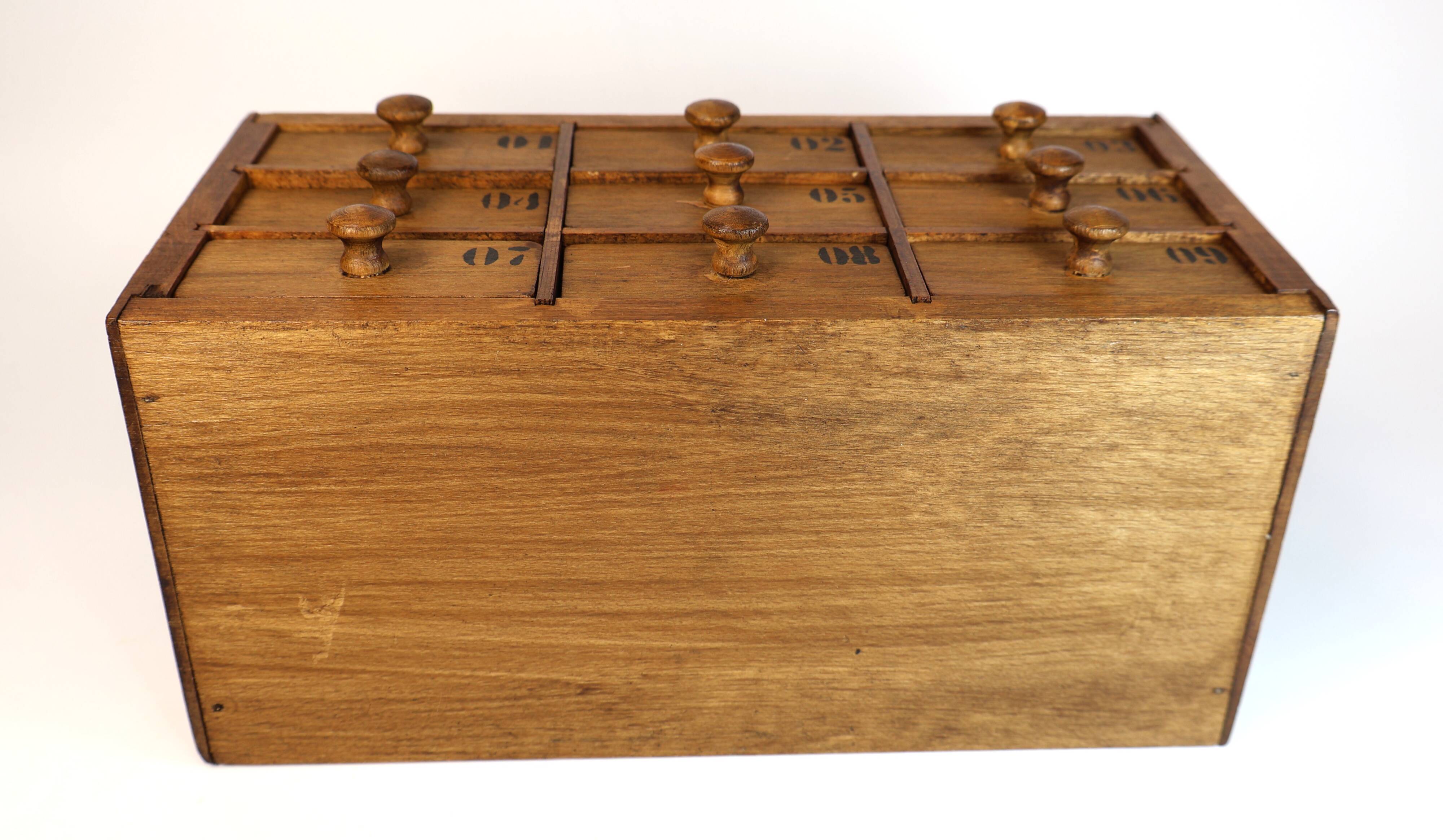 Small drawer unit, vintage wooden watchmaker's chest.