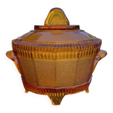 Sugar bowl, sweet box, glass jewellery box, pressed mould, bayel, amber.