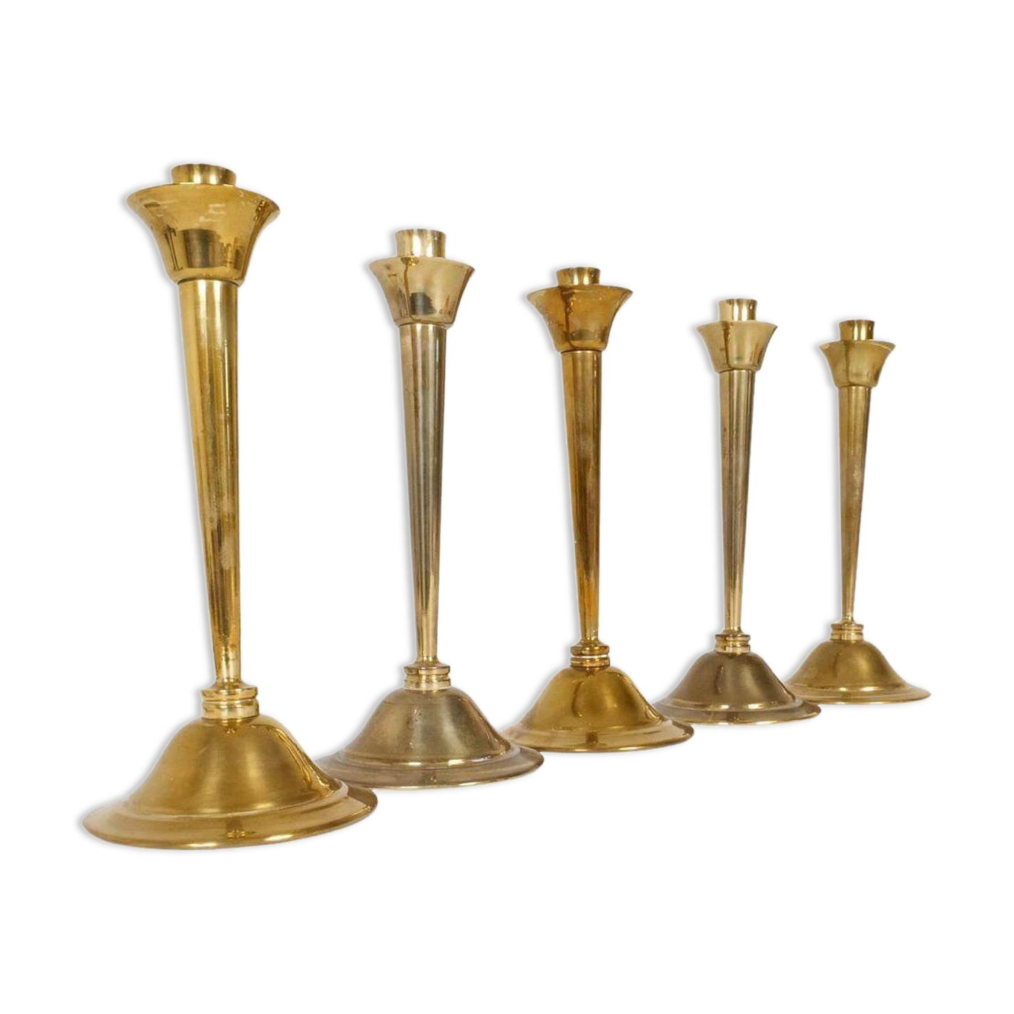 Mid-century set of 5 brass candlesticks by Lars Holmström, Arvika, Sweden.