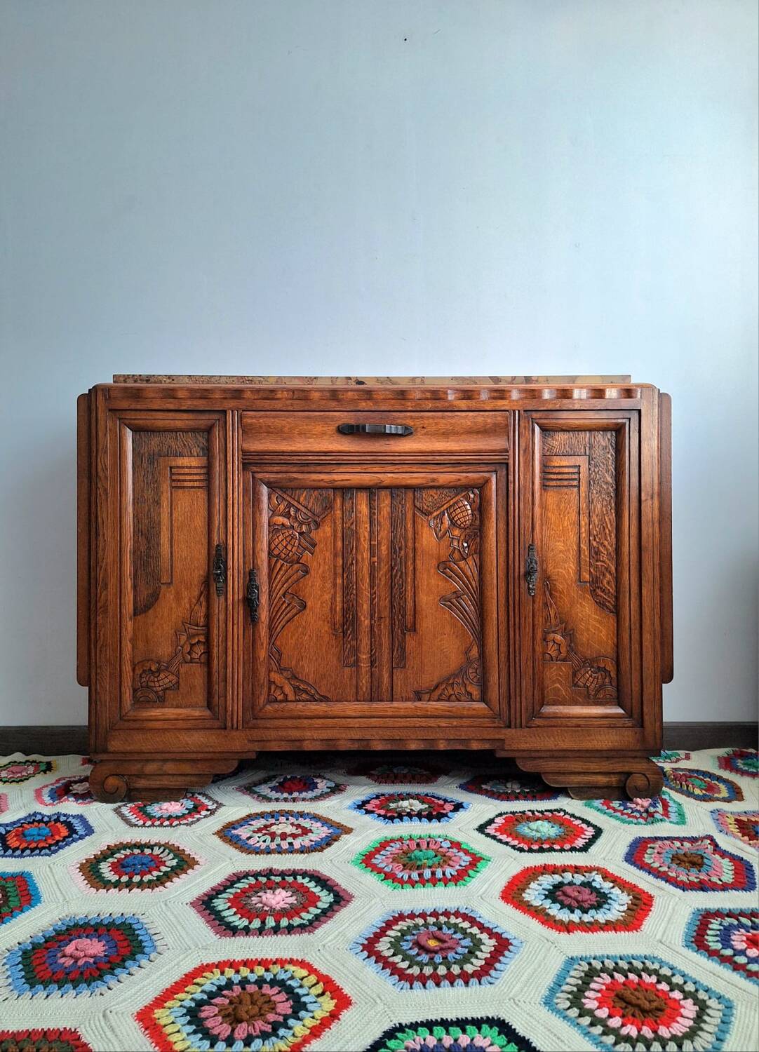 Buffet art déco plateau marbre, meuble vaisselier ancien