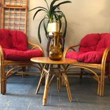 Duo of rattan armchairs with cushions