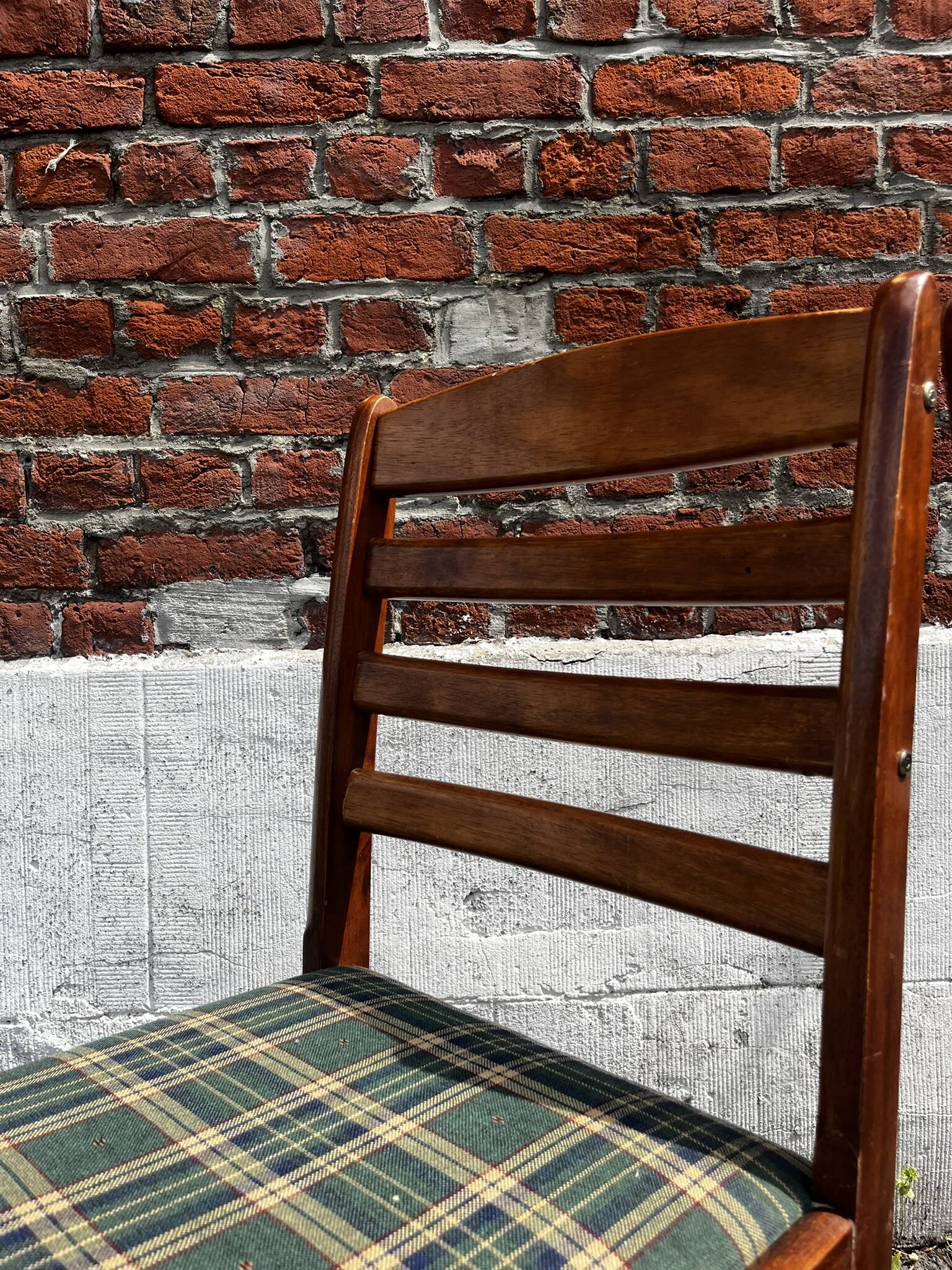 Lot of 3 vintage checkered wood and fabric chairs.