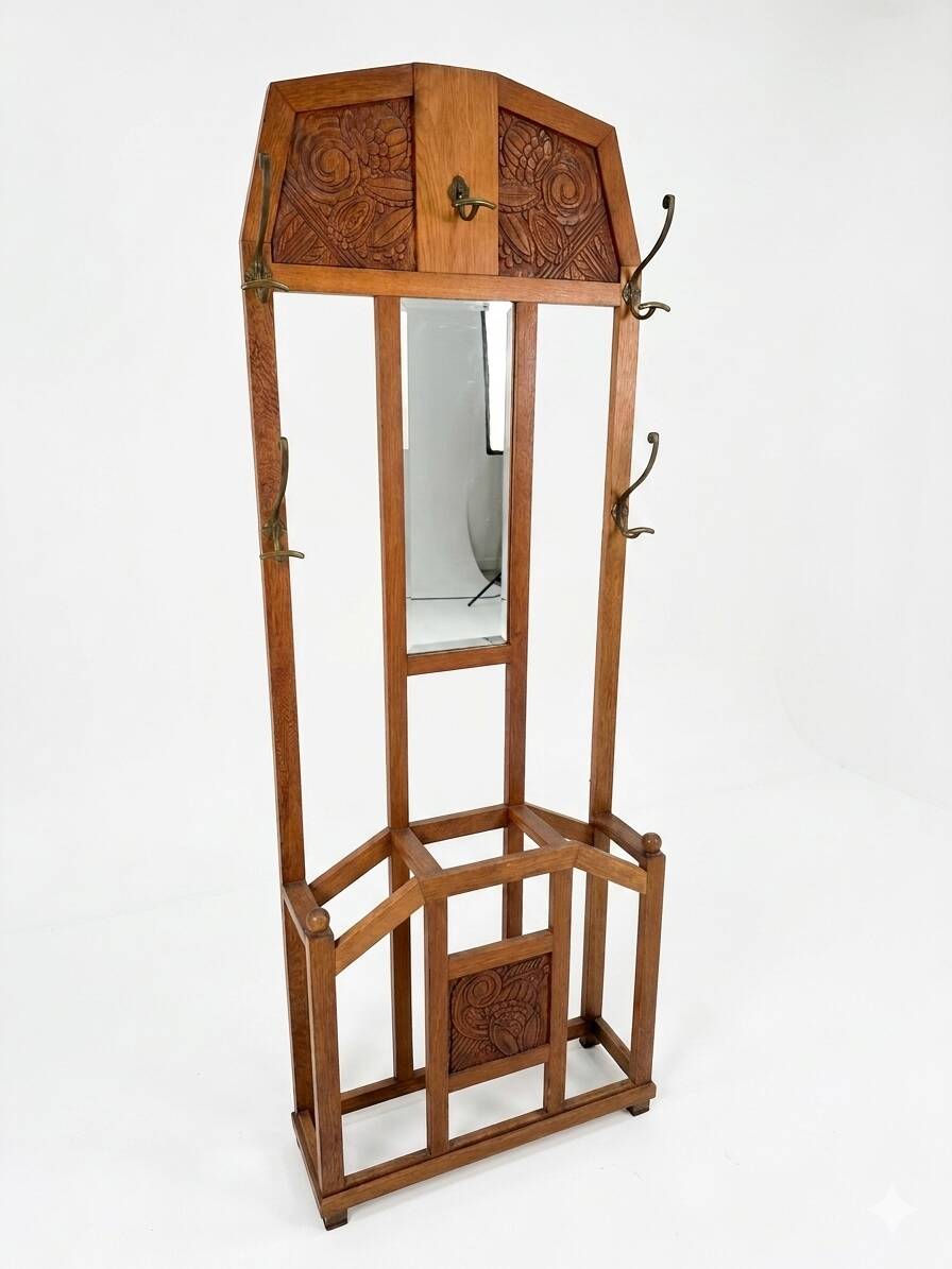 Art Deco coat rack wardrobe in solid oak