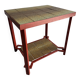 Vintage terracotta-red metal side table with glazed brown-green ceramic tile surfaces