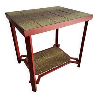Vintage terracotta-red metal side table with glazed brown-green ceramic tile surfaces