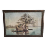 Tableau ancien à l'huile représentant un paysage