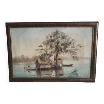 Old oil painting representing a landscape