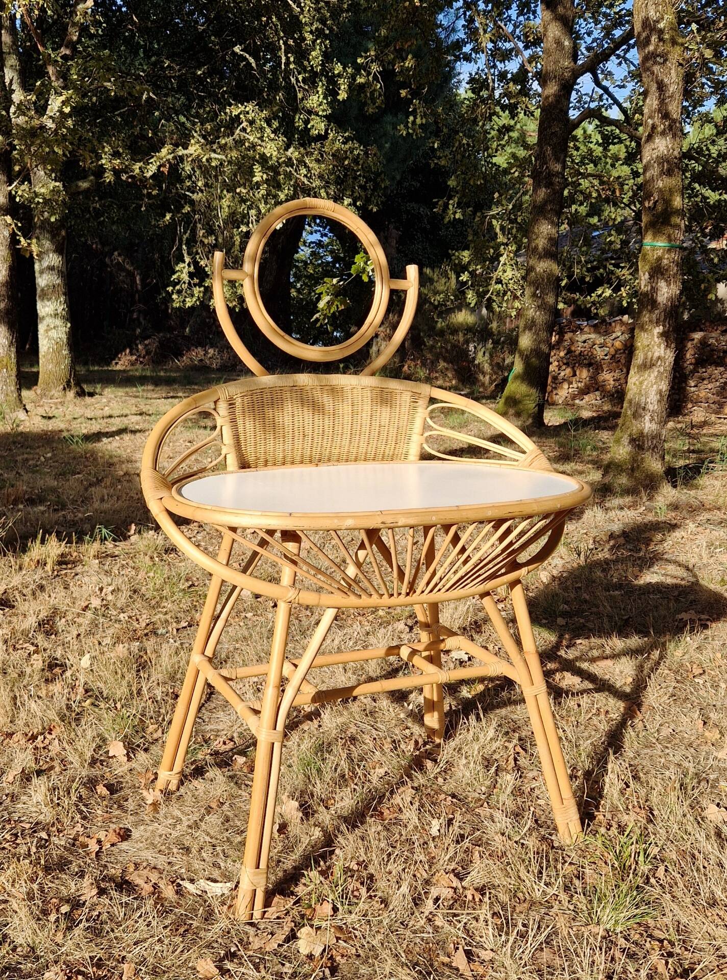 Vintage rattan hairdresser, 1960s, round mirror and woven backrest.