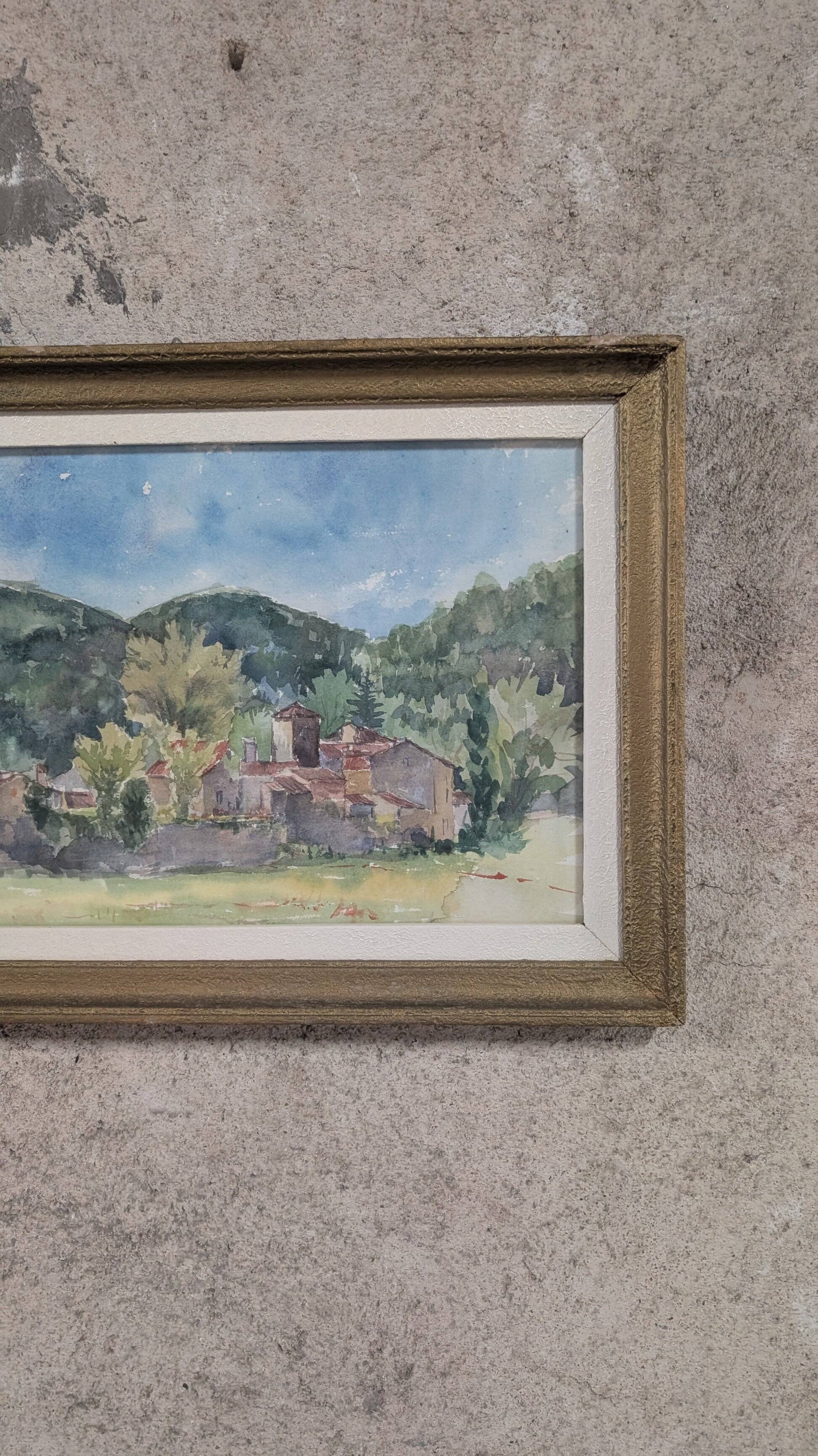 Vintage watercolor – Village at the foot of the hills