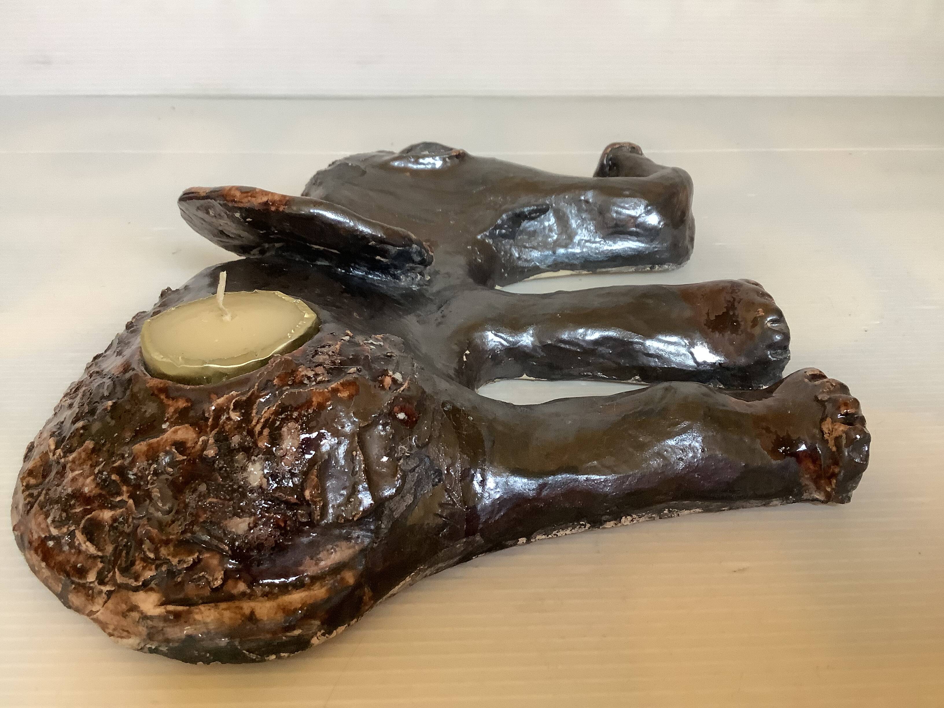 Iridescent ceramic elephant candlestick signed