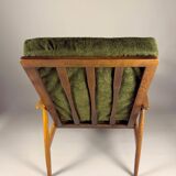 Fauteuil scandinave – revêtement vert, bois de hêtre, vintage