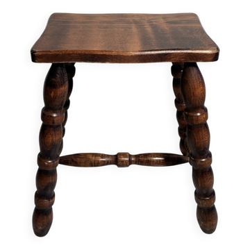 Tabouret bas vintage en bois massif et pieds tournés – 1950