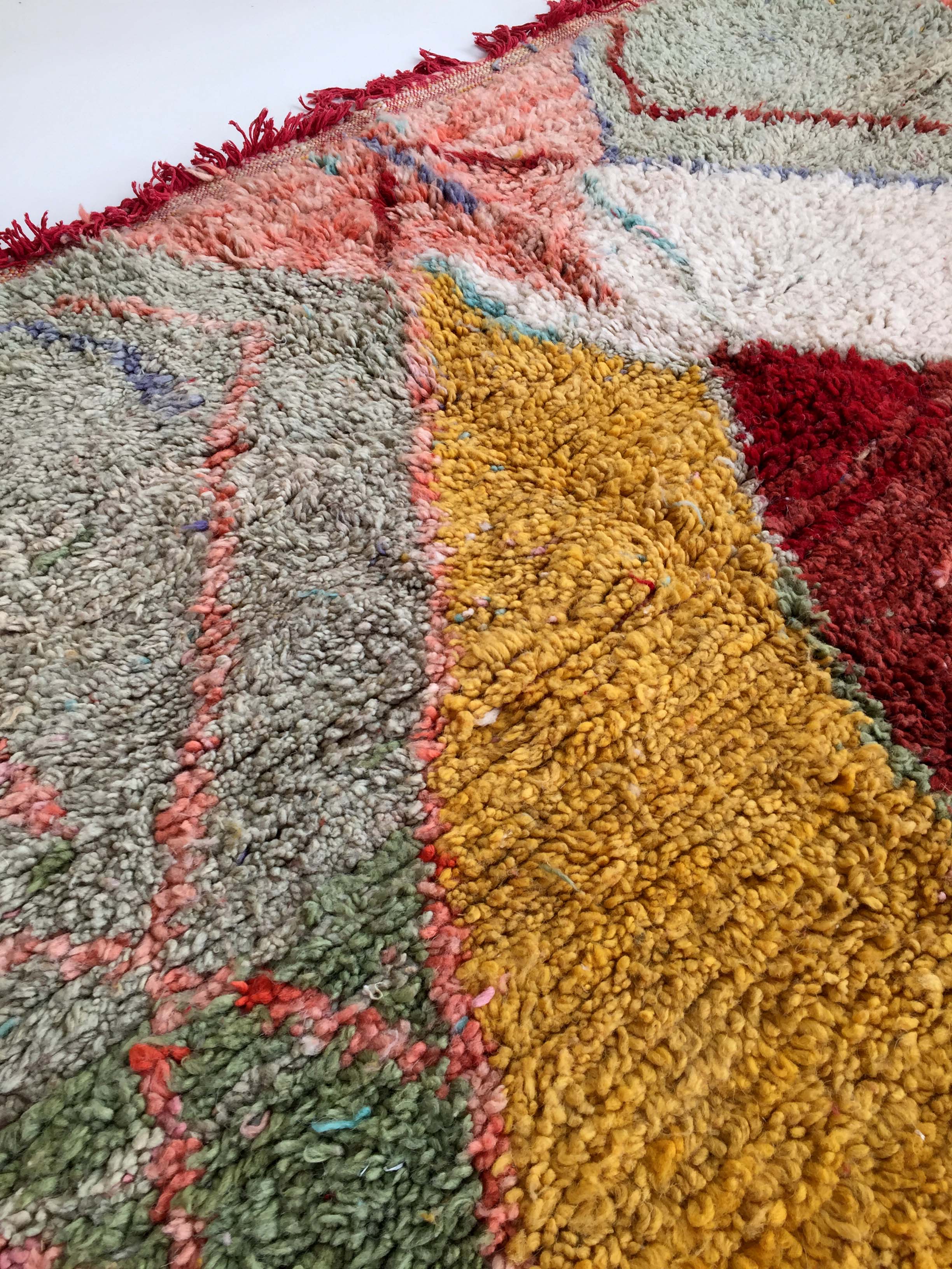 Moroccan Berber carpet Boujaad ecru with colorful patterns 292x197cm