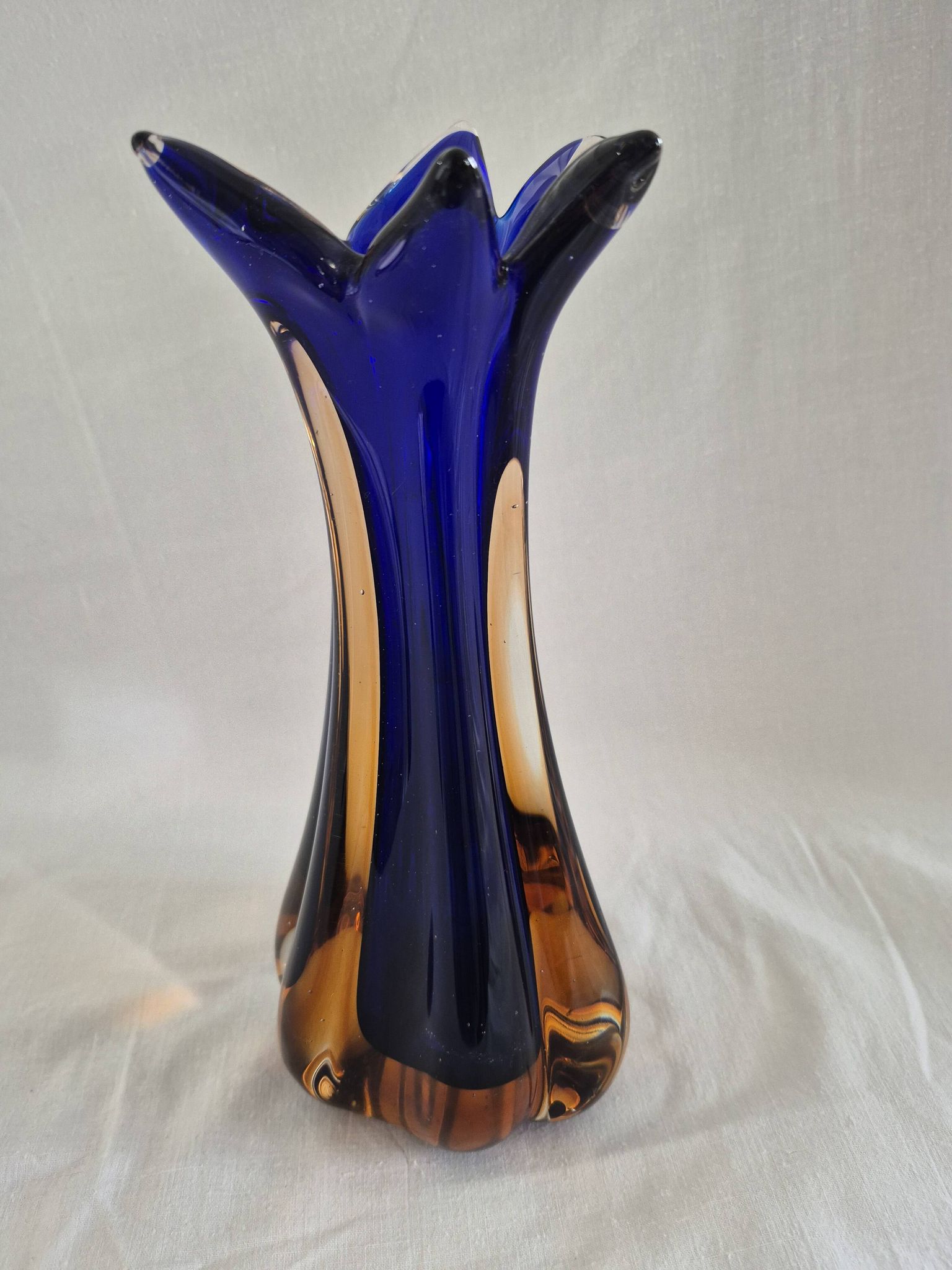 Vintage cobalt blue and amber blown glass vase in Murano style.
