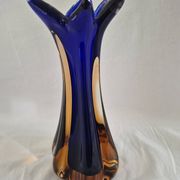 Vintage cobalt blue and amber blown glass vase in Murano style.