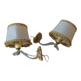 Pair of old electric plastic sheet sconces and vintage lampshades