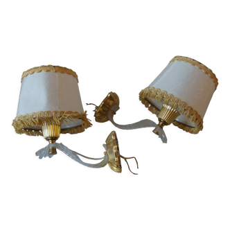 Pair of old electric plastic sheet sconces and vintage lampshades