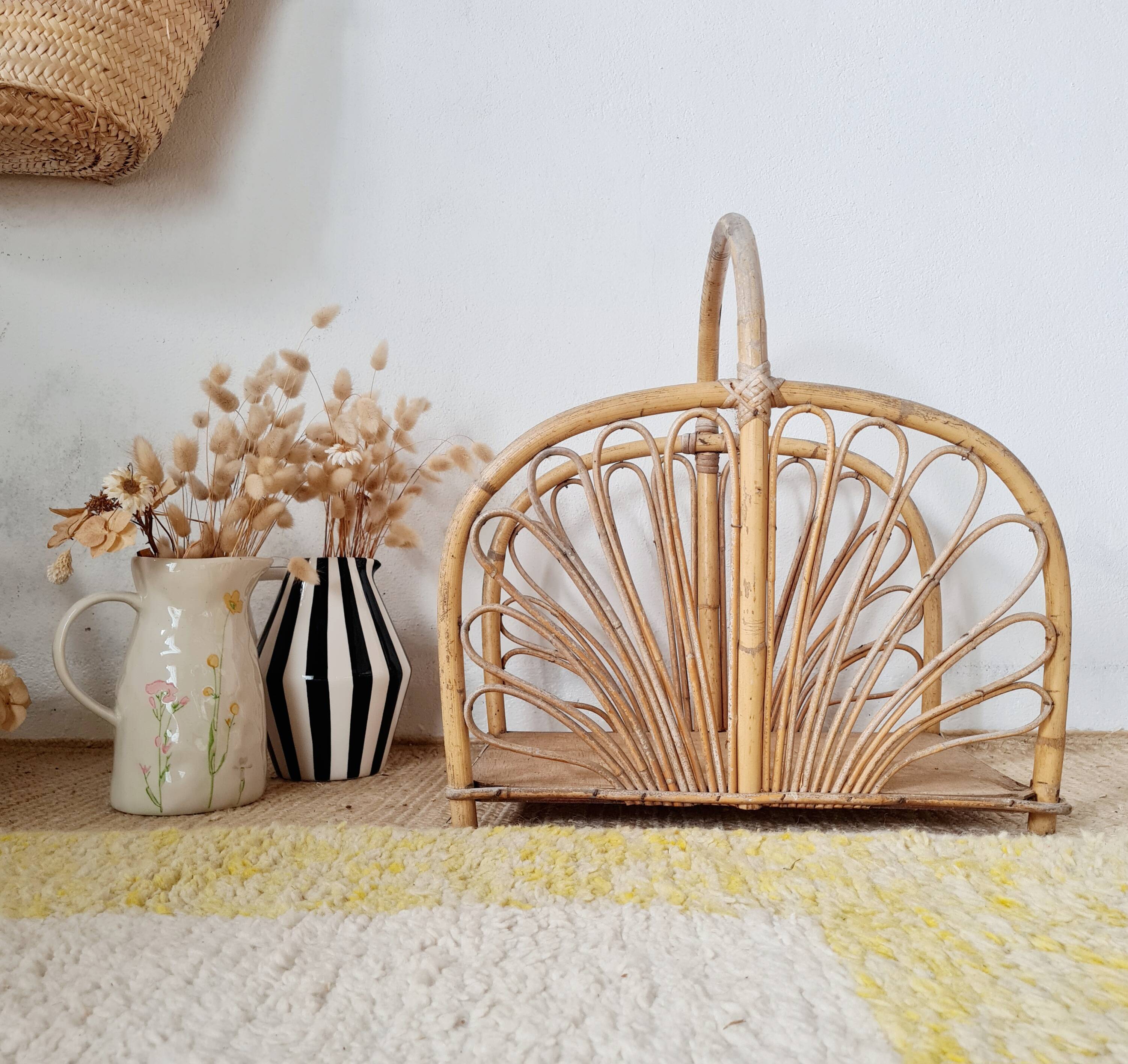Magazine rack, vintage log holder in rattan
