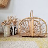 Magazine rack, vintage log holder in rattan