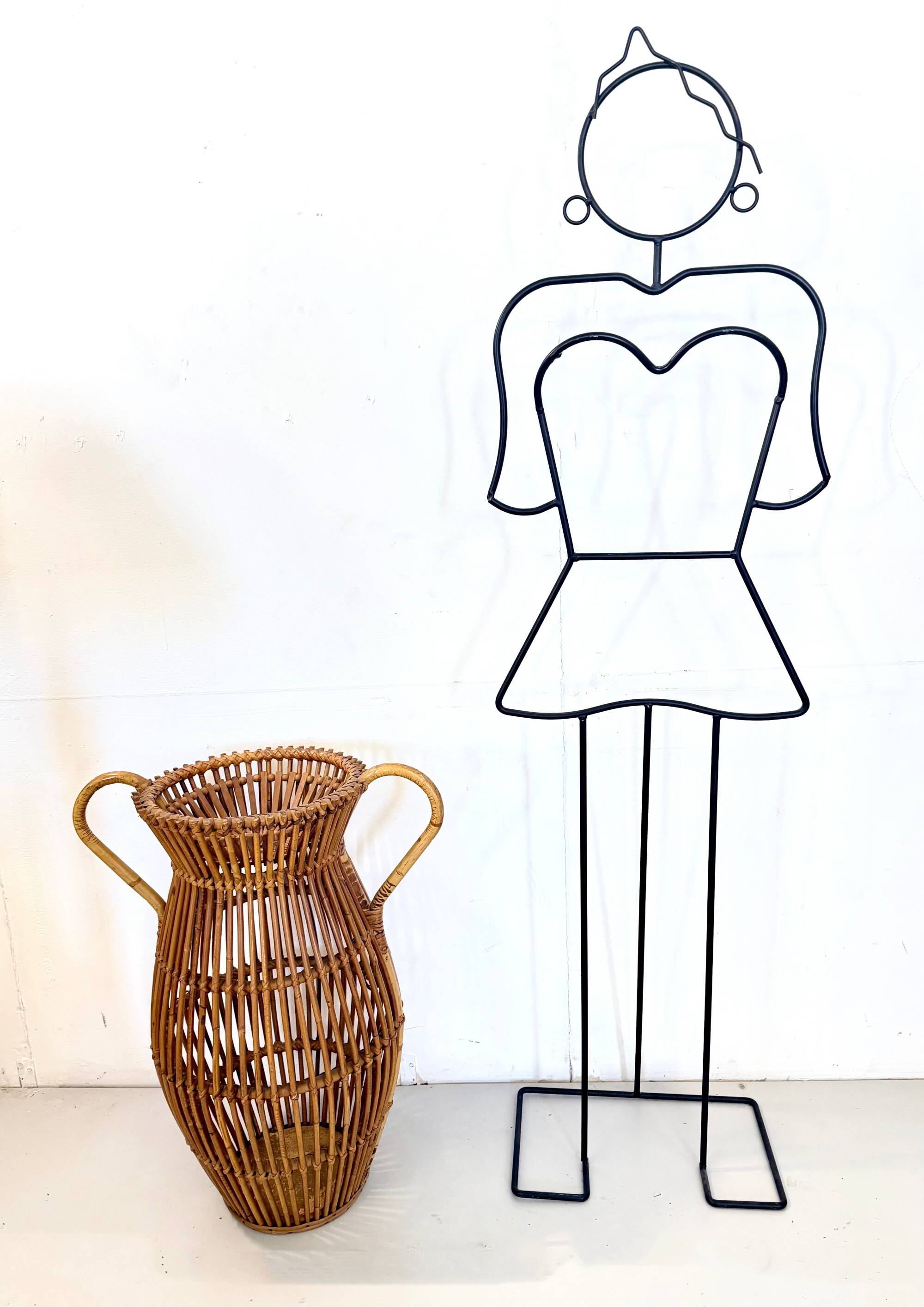 Vintage Wicker and Bamboo Amphora Umbrella Stand , Italy