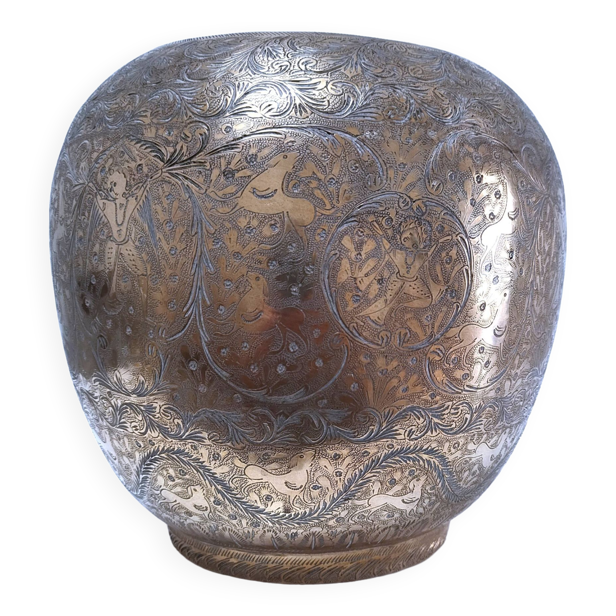 Solid brass pot cover engraved with animal, plant and character decoration