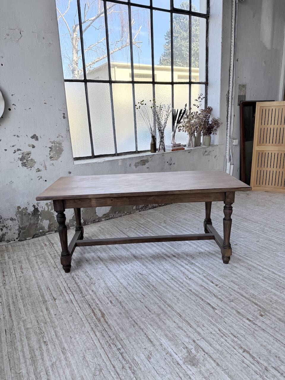 Farm table with turned legs, made of pine and birch, 180cm.