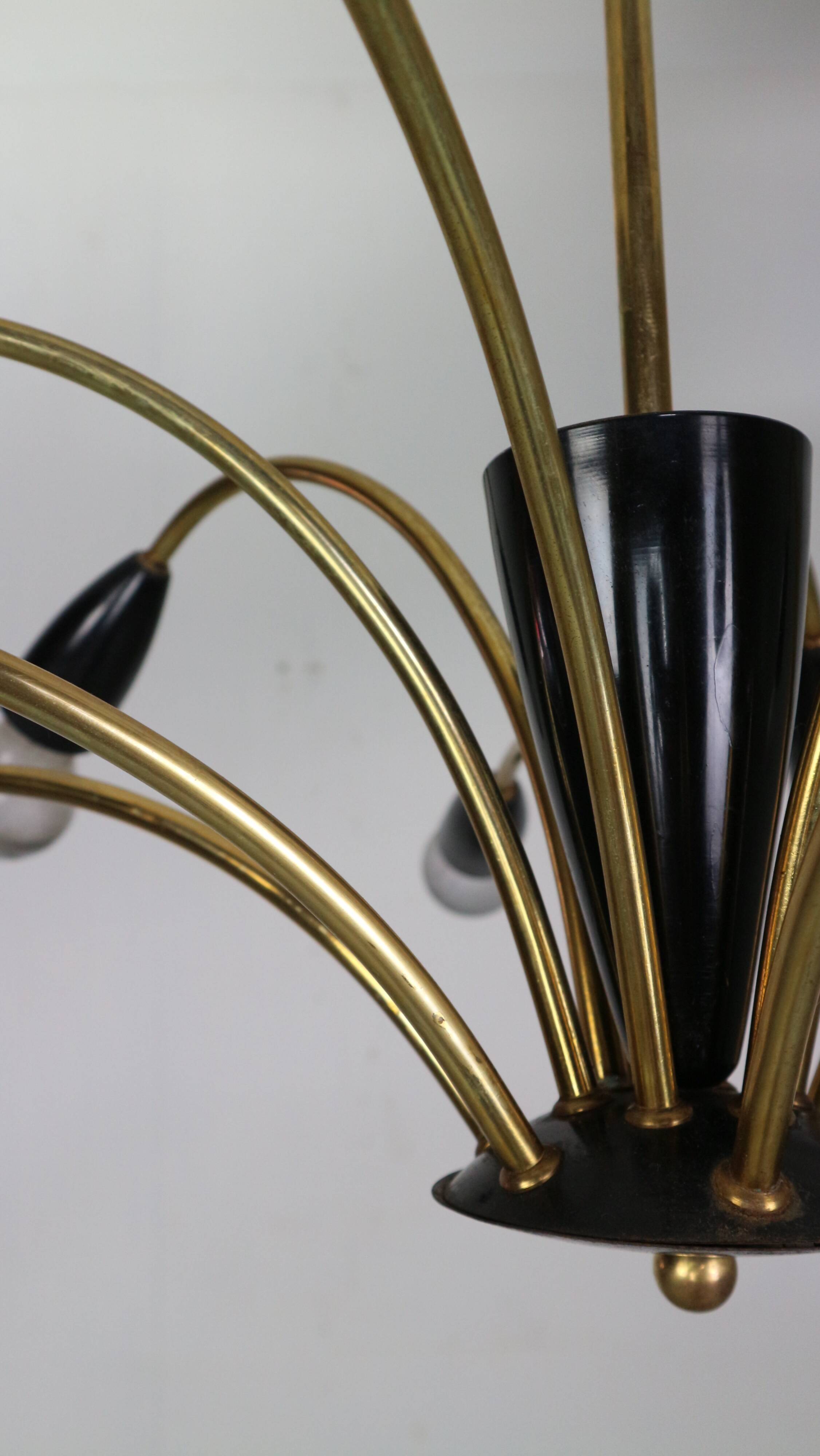 Italian Black and brass 12 arm Spider Chandelier  1950s