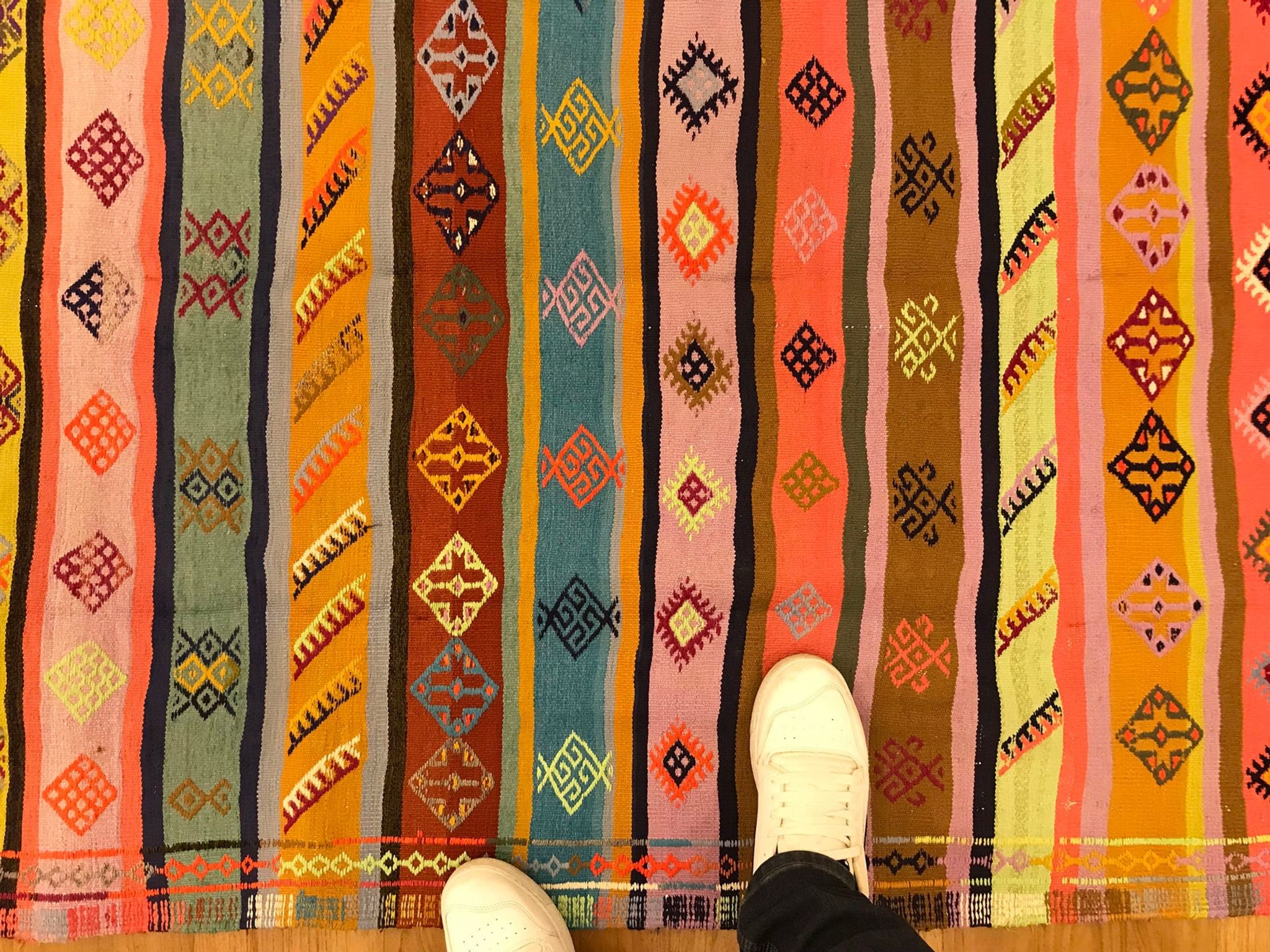 Colorful runner rug, handmade turkish kilim rug with ethnic patterns