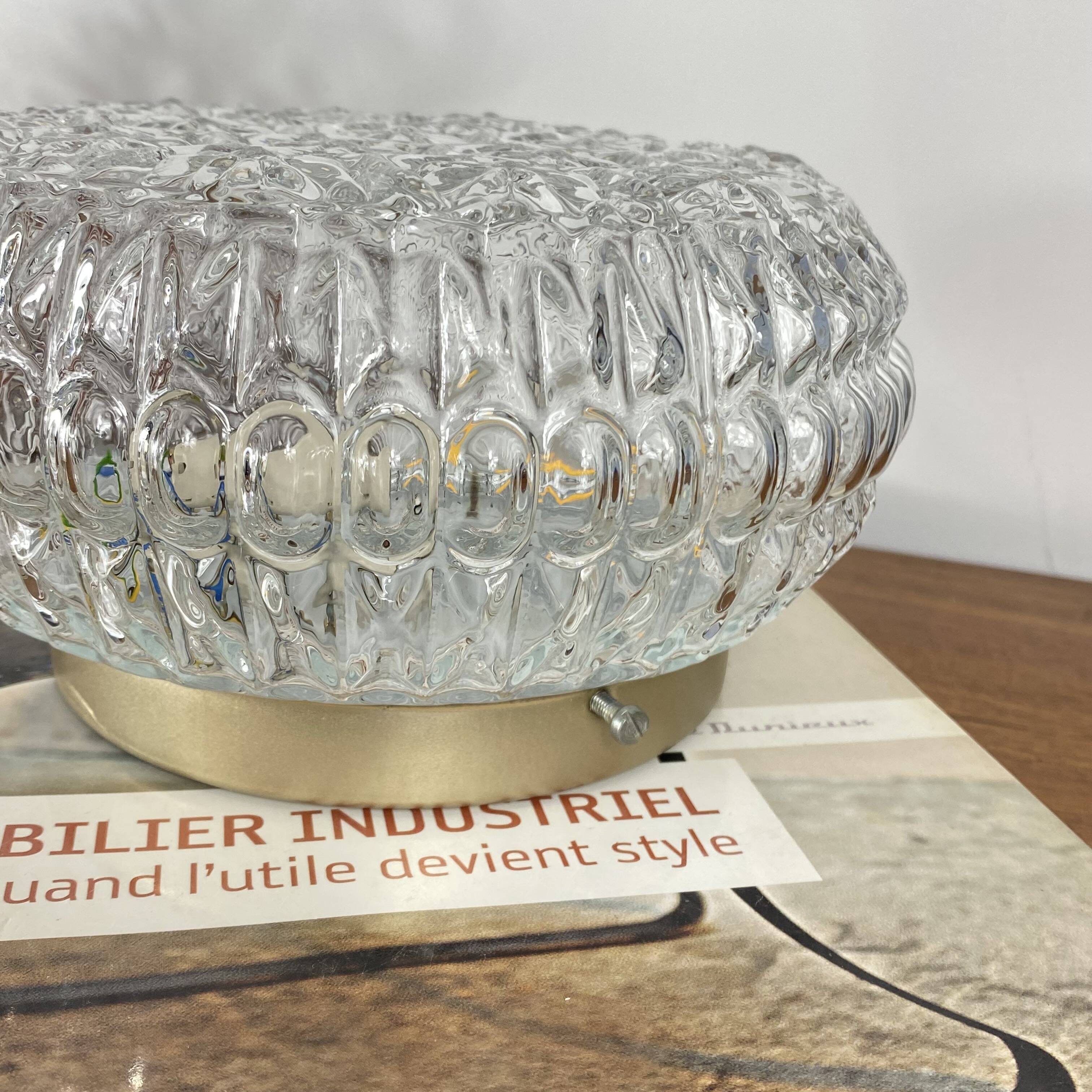 Round wall light ceiling fixture in glass with small vintage flowers from the 1970s and 1980s.