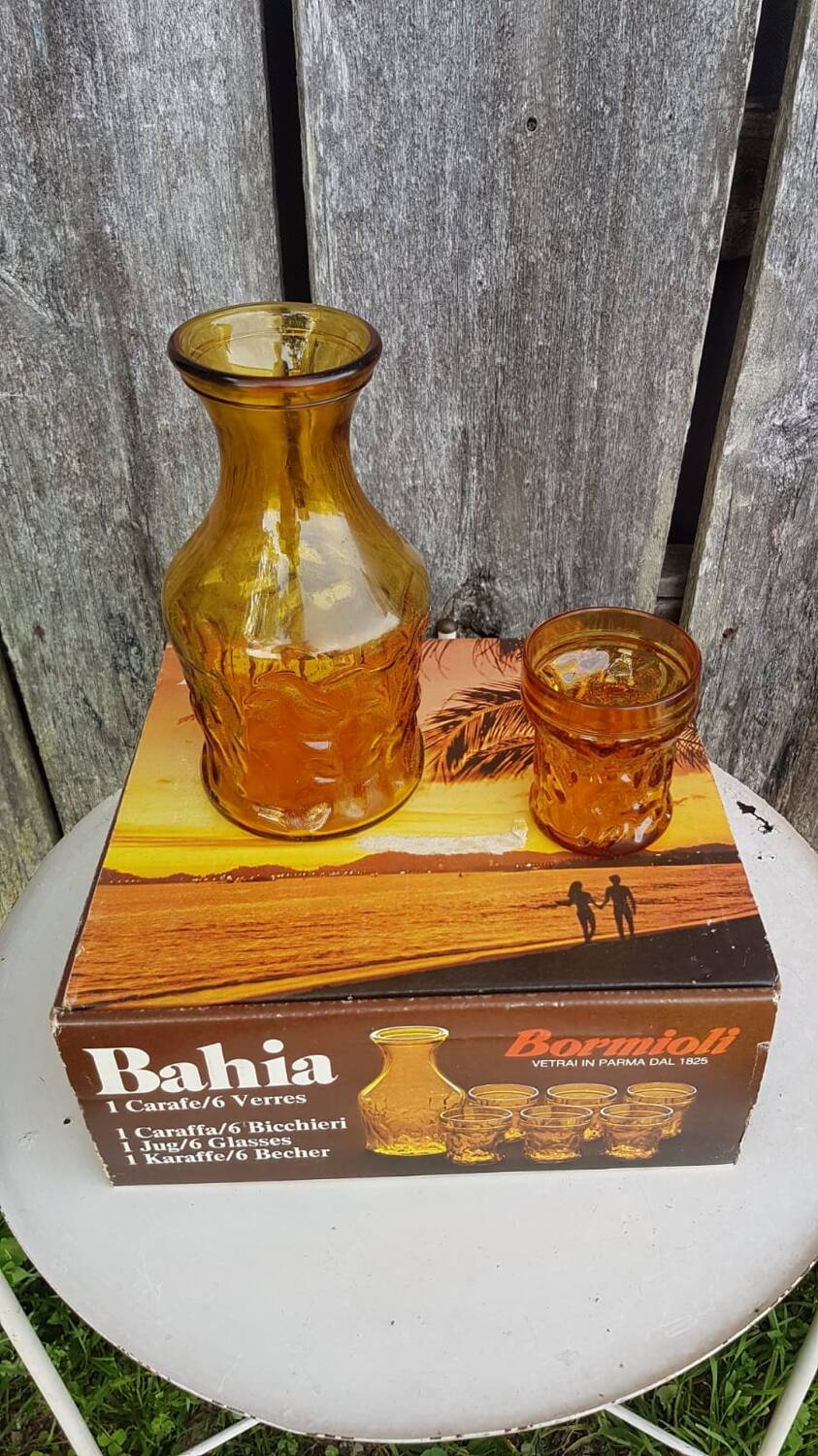 Old orangeade service bahia molded glass pitcher + 6 vintage glasses