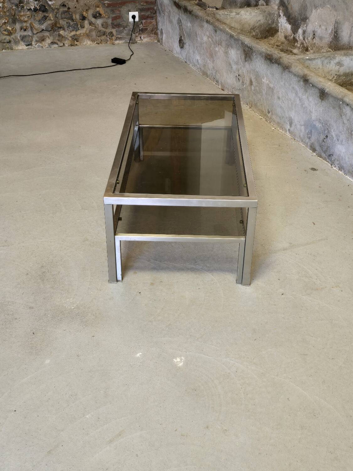 Double-top coffee table with smoked glass top and chromed steel 1970
