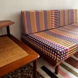 Peter Hvidt Knoll wooden banquette sofa with new cushions.