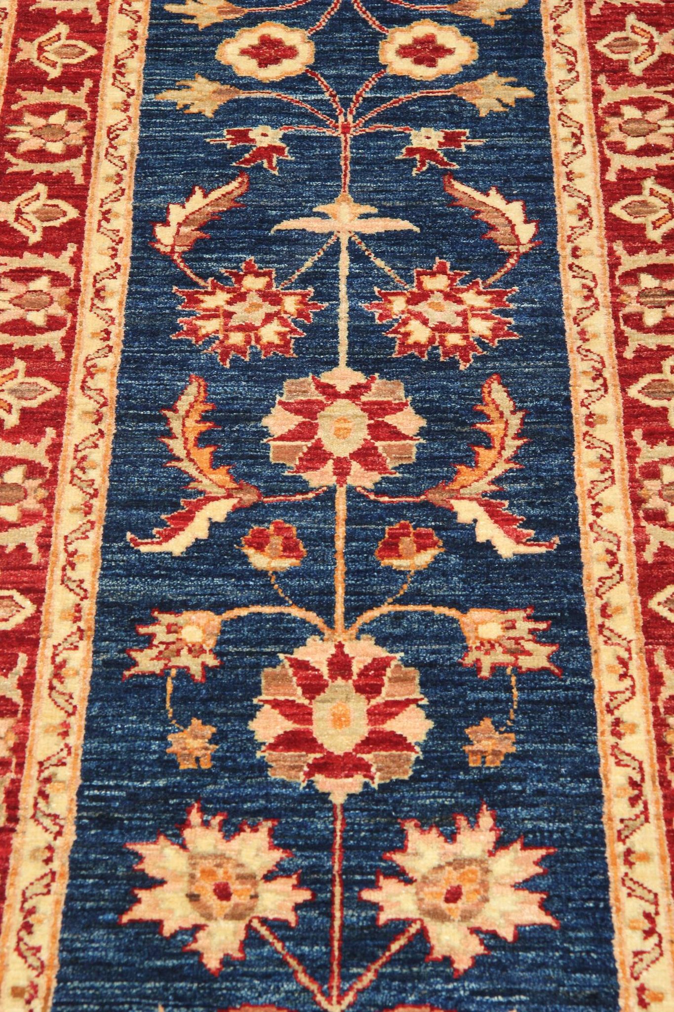 Blue Floral Hand-Knotted Runner, Traditional Wool Hallway Stair Rug 78x386