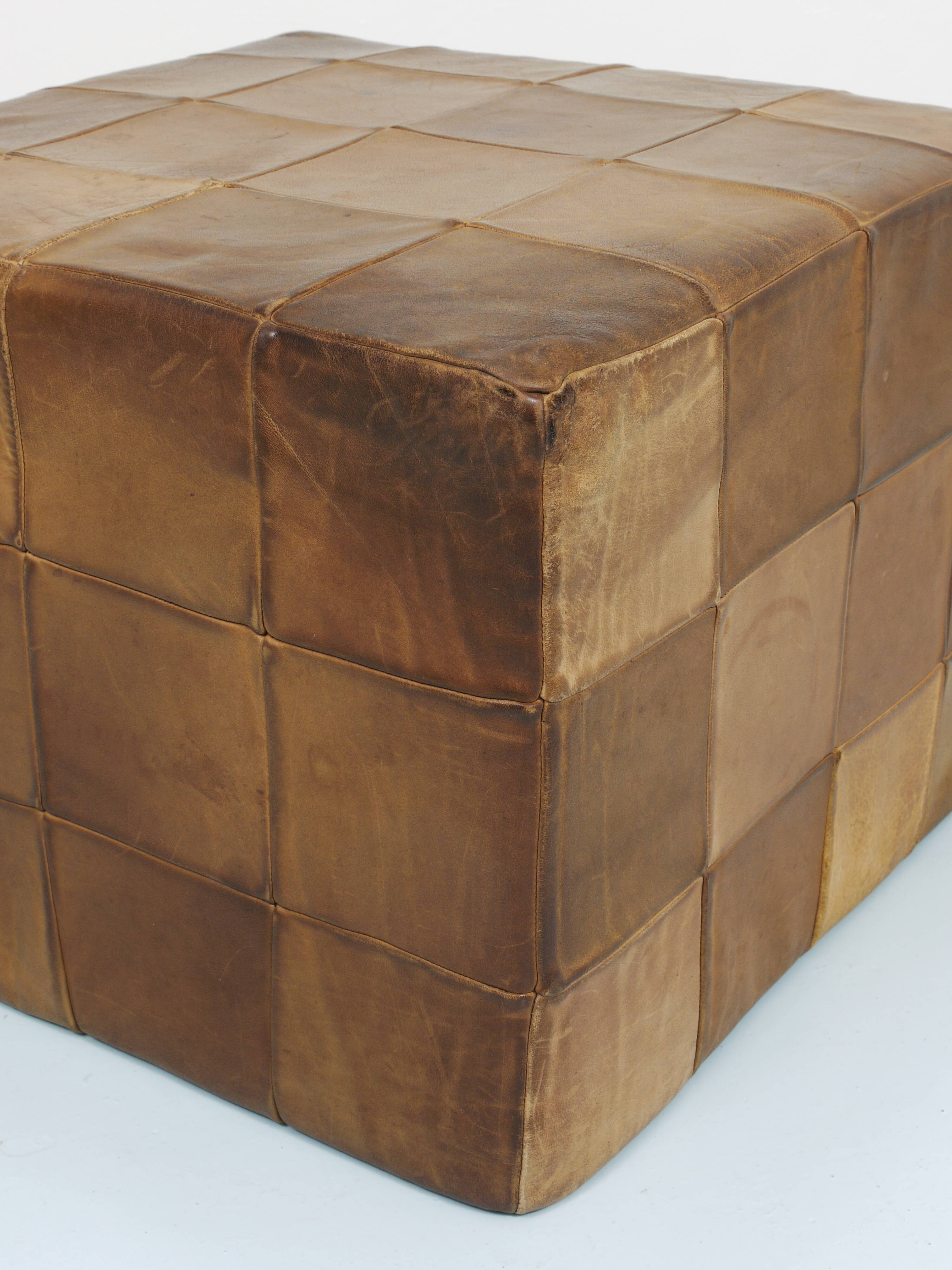 De Sede Patchwork Leather Cube Stool, Pouf, Ottoman, Switzerland, 1970s