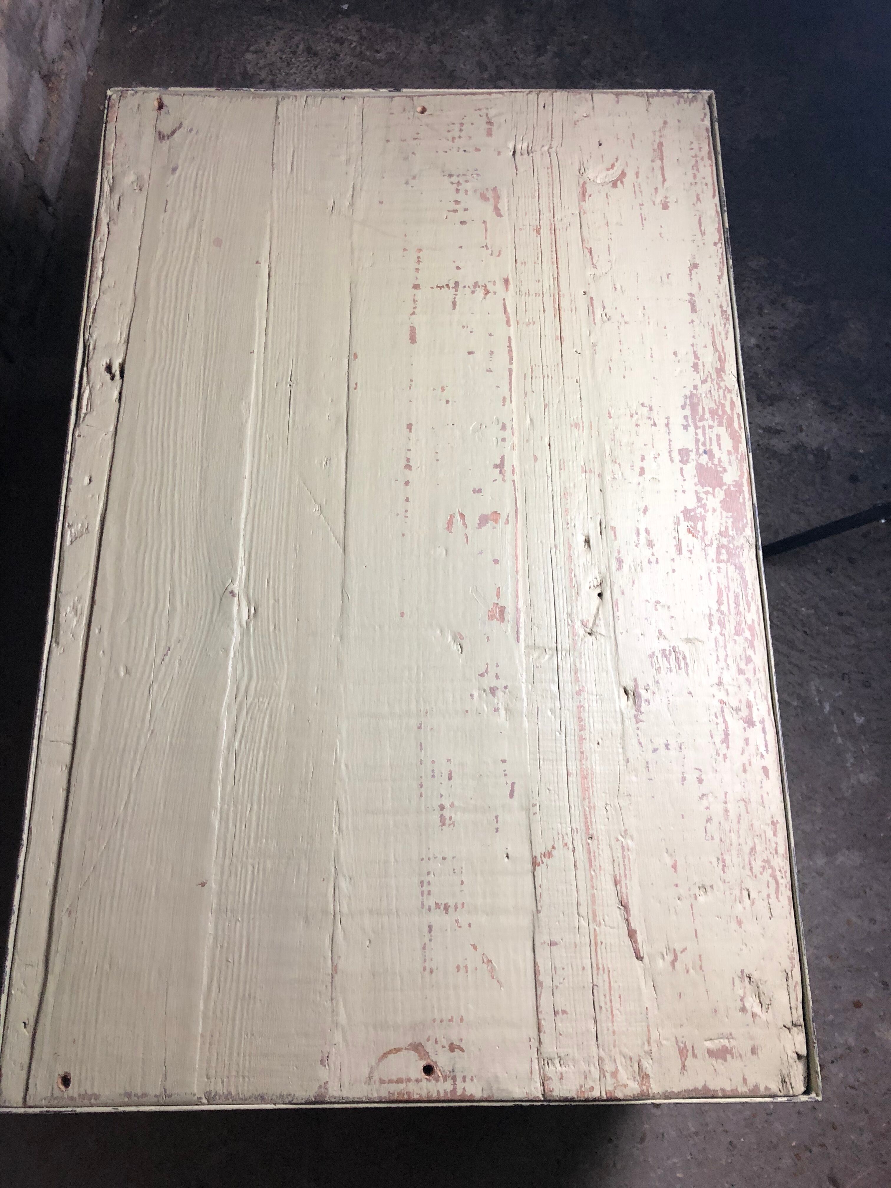 Storage / coffee table in wood and pastel green iron patina