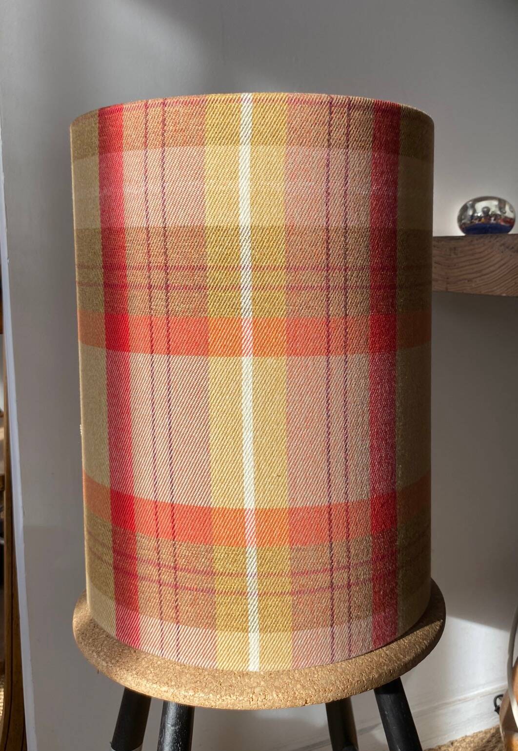 Solid wood lamp with handmade shade, 1940s.