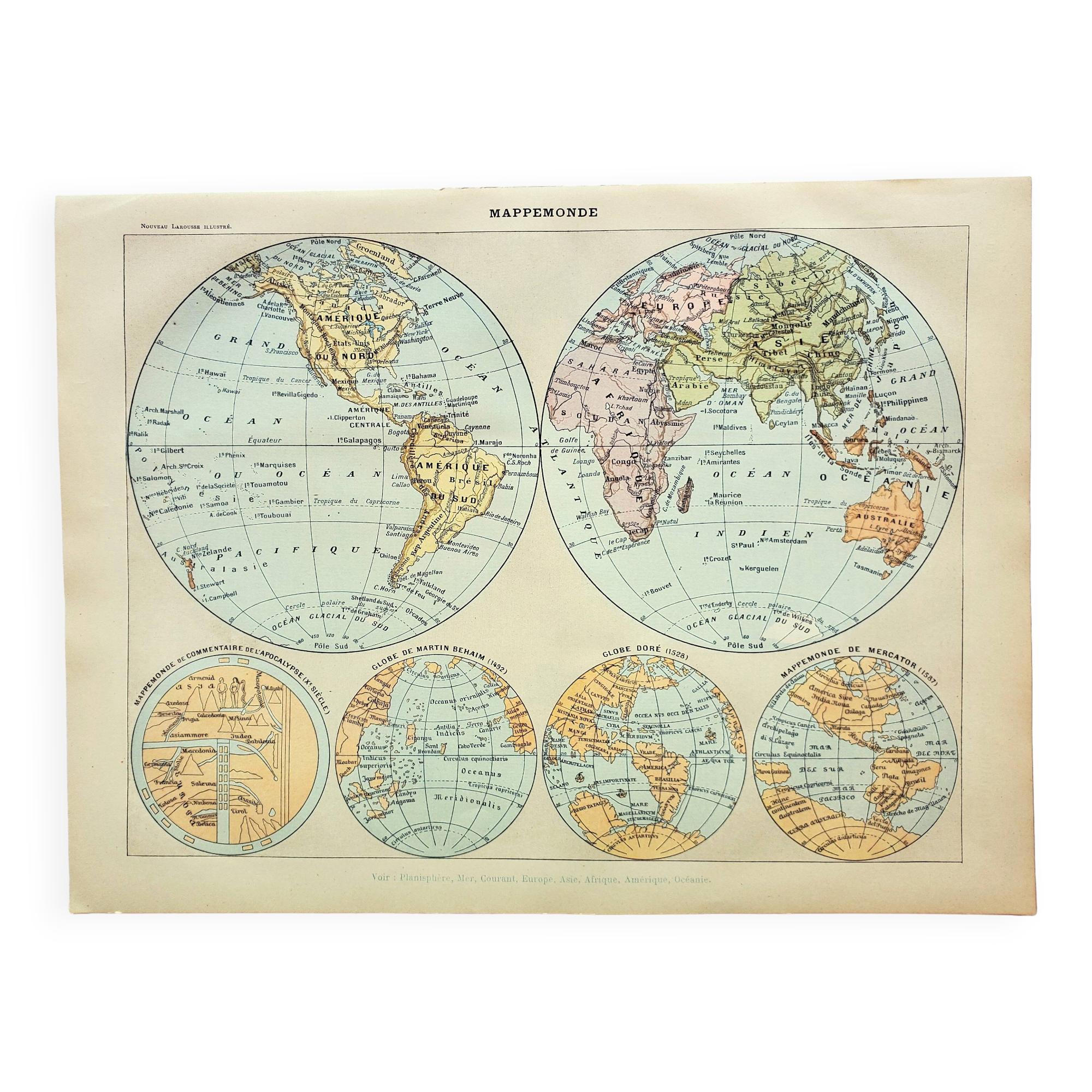 Antique engraving 1898, World map, map, globe, plane • Lithograph, original illustration